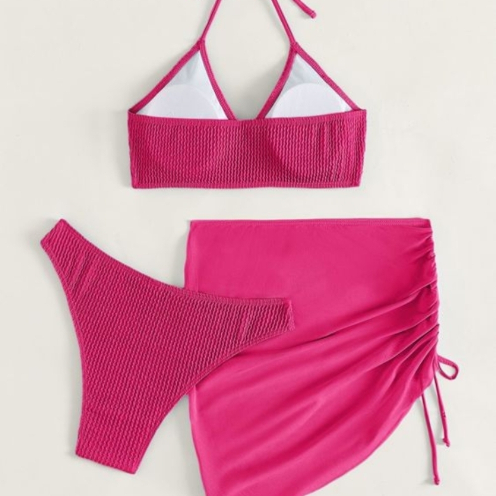 Women's 3 Piece Bathing Suits Halter Ring Bikini Set with Cover Up, New, Large - Picture 4 of 4